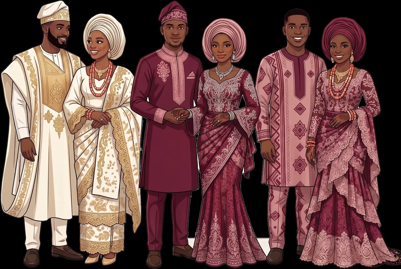 Six guests in traditional Yoruba attire: agbada, buba and iro with gele and fila. The couple on the left wear the bride's white and gold, the two couples on the right the groom's wine and dusty rose.